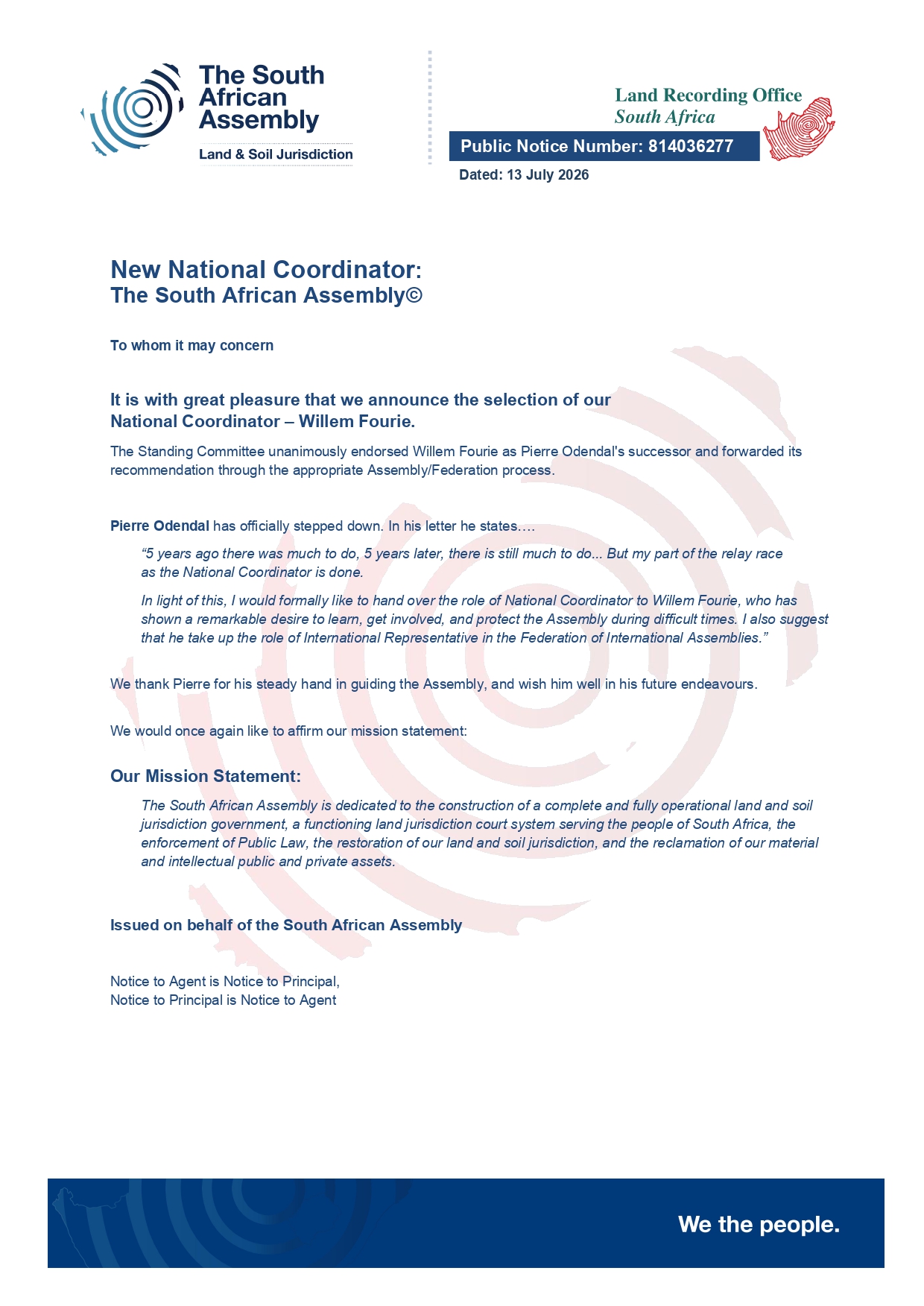 Public notice The South African Assembly 814036277 - New Coordinator